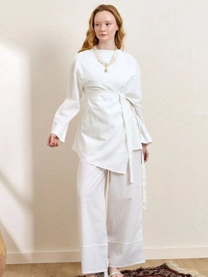 Beyaz Organik Keten Double Paça Pantolon