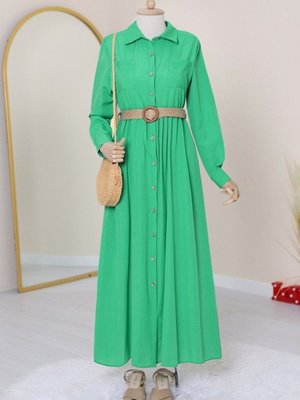 Yeşil Boydan Düğmeli Kemerli Gömlek Elbise