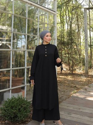 Siyah Ankanoor Düğme Detaylı Örme Pantolon Takım