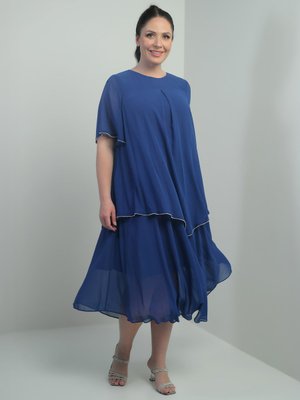 Saks Mavi Kısa Volan Kollu Astarlı Taş Detaylı Büyük Beden Şifon Midi Elbise