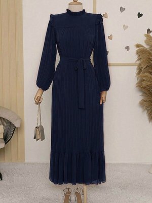 Koyu Lacivert Beli Bağlamalı Kolu Lastikli Eteği Parçalı Şifon Elbise