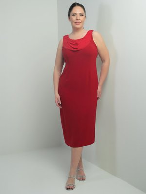 Kırmızı Degaje Yaka Taş Detaylı Astarlı Büyük Beden Krep Midi Elbise