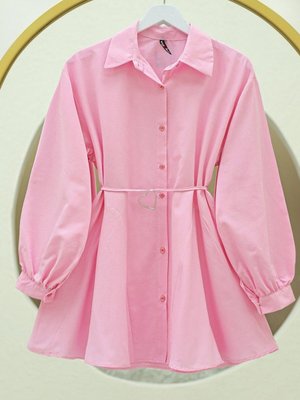 Pembe Parça Kumaşlı Düğmeli Poplin Tunik