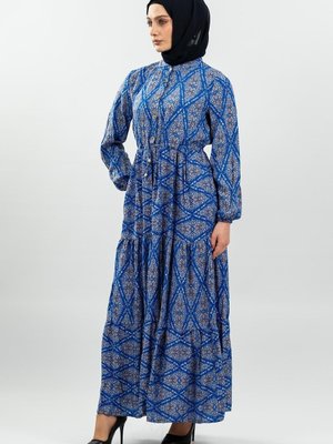 Mavi Bağcıklı Desenli Viskon Elbise