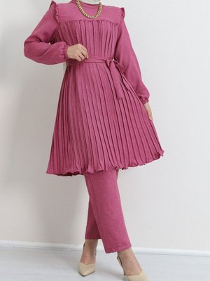 Fuşya Robadan Pileli Belden Bağlamalı İkili Takım