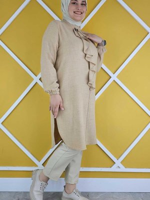 Bej Robası Fırfır Detay Ve Önü Düğmeli Tunik