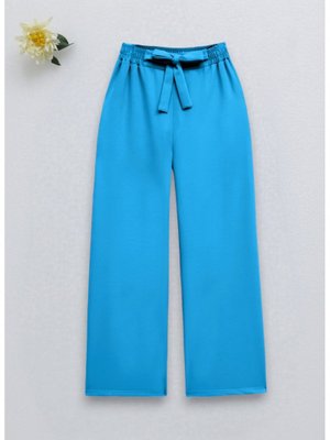 Mavi Beli Bağcıklı Double Bol Paça Pantolon