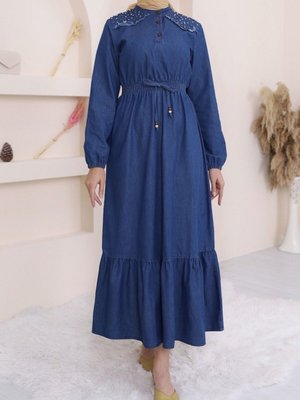 İndigo Omuzu İncili Beli Lastikli Parçalı Uzun Kot Elbise