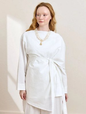 Beyaz Organik Keten Şal Detay Tunik