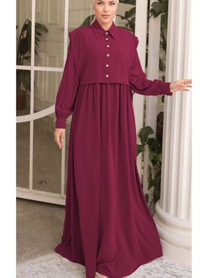 Vişne Önlüklü Medine İpeği Elbise