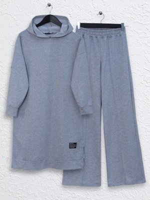 Gri Kapüşonlu Yırtmaçlı Çimalı İkili Takım