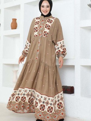 Kiremit Otantik Desenli Viskon Elbise