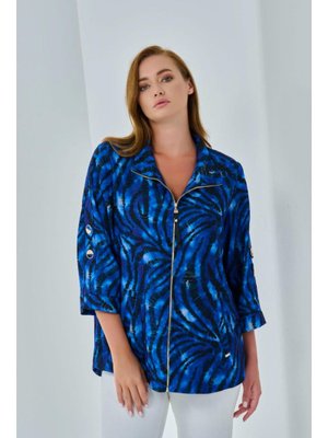 Mavi Büyük Beden Empirme Baskılı Ve Kollar Aksesuar Detaylı Ceket