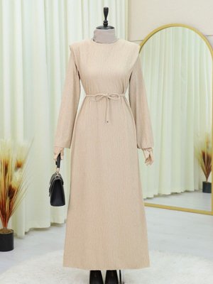 Bej Omuzu Vatkalı Bağcıklı Bürümcük Elbise