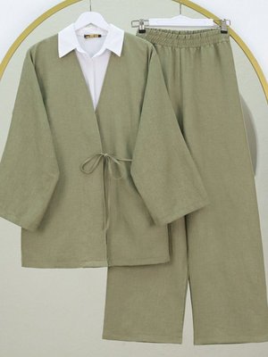 Haki Önden Bağlamalı Pantolonlu Kimono İkili Takım Haki Önden Bağlamalı Pantolonlu Kimono İkili Takım