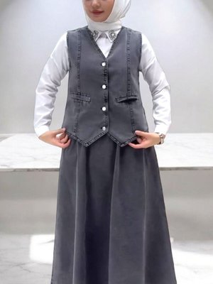 Füme V Yaka Yelekli Etekli Kot İkili Takım Füme V Yaka Yelekli Etekli Kot İkili Takım