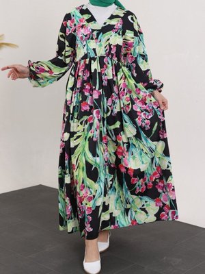 Yeşil Beli Lastikli Yakası Açık Uzun Elbise Yeşil Beli Lastikli Yakası Açık Uzun Elbise