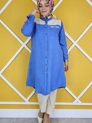 İndigo Dik Yaka Taş Detaylı Gömlek İndigo Dik Yaka Taş Detaylı Gömlek