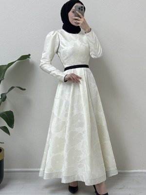 Beyaz Kemerli Balon Etek Soğuk Baskı Kaftan Abiye Elbise