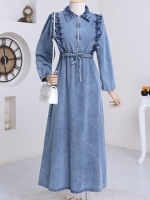 Mavi Robadan Fırfırlı Belden Büzgü Kotelbise