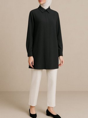 Siyah Gizli Düğmeli Klasik Yaka Gömlek Tunik