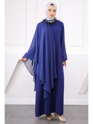 Saks Mavi Büyük Beden Yaka Taş Detaylı Abiye