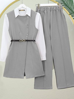 Gri Kemerli Düğmeli Uzun Yelek