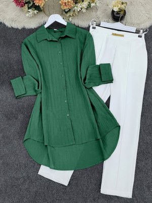 Yeşil Çizgi Desenli Arkası Uzun Düğmeli Gömlek