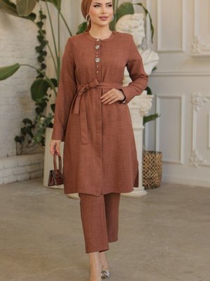Koyu Kahve Taş İşlemeli Boydan Düğmeli Kuşaklı Keten Uzun Tunik