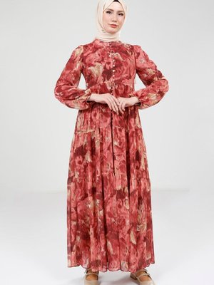 Kırmızı Baskılı Düğmeli Elbise Kırmızı Baskılı Düğmeli Elbise