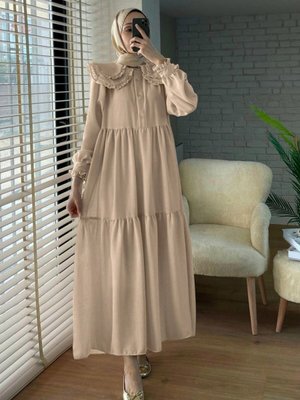 Vizon Bebe Yaka Fırfırlı Parçalı İthal Keten Elbise