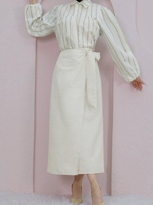 Taş Uzun Önü Çift Kat Yandan Bağlamalı Keten Etek