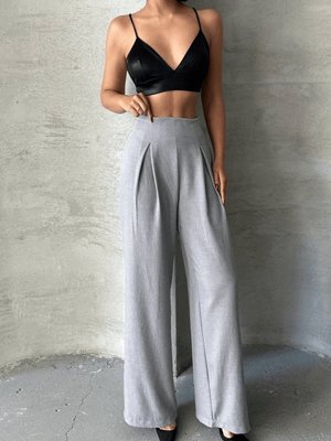 Gri Pileli Keten Pantolon