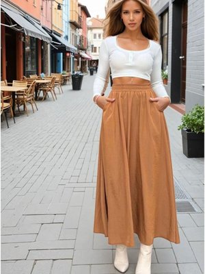 Taba Beli Lastikli A Kesim Salaş Yüksek Bel Kupra Uzun Etek Taba Beli Lastikli A Kesim Salaş Yüksek Bel Kupra Uzun Etek