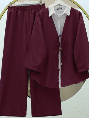 Bordo Önü Çift Bağlamalı Pantolonlu Kimono İkili Takım