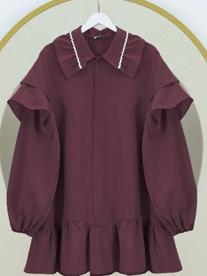 Bordo Yakası Süzene Nakış Detaylı Kolu Lastikli Poplin Tunik Bordo Yakası Süzene Nakış Detaylı Kolu Lastikli Poplin Tunik