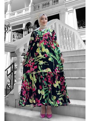 Siyah Beymen Desenli Viskon Elbise