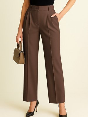 Kahve Tek Düğmeli Önü Katlama Detaylı Cepli Pantolon