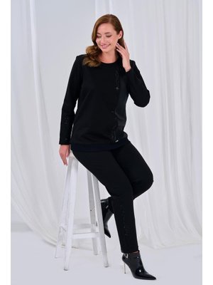Siyah Büyük Beden Taş Detaylı Bluz