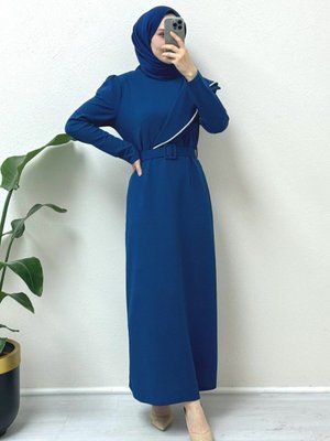 İndigo Taş İşlemeli Kemerli Krep Elbise