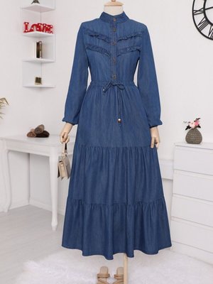 İndigo Yarım Düğmeli Önü Fırfırlı Parçalı Kot Elbise