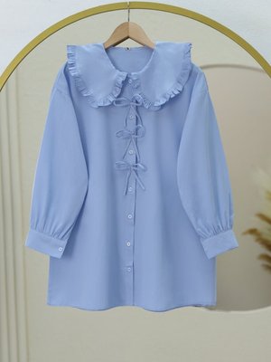 Bebe Mavi Önü Fiyonk Detaylı Yaka Poplin Gömlek