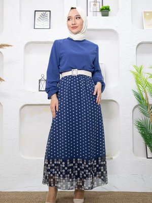 Mavi Eteği Puantiyeli Elbise