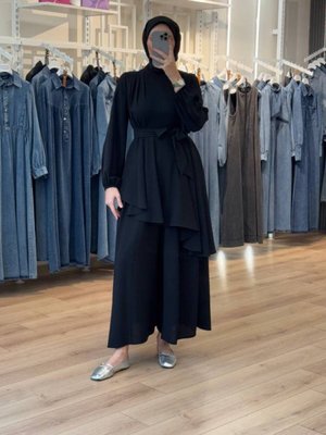 Siyah Asimetrik Kloş Tunikli Pantolon Bluz İkili Takım