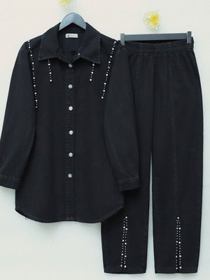 Siyah Paçası Yırtmaçlı Taş Detaylı İkili Kot Takım