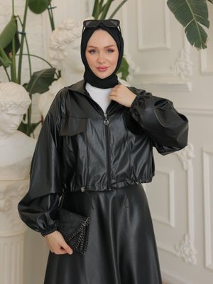Siyah Beli Lastikli Fermuarlı Deri Ceket