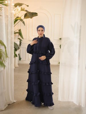 Lacivert Ankanoor Fırfırlı Salaş Abiye Elbise