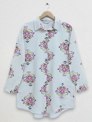 Pembe Boydan Düğmeli Desenli Oversize Keten Tunik