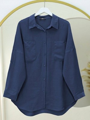 Lacivert Çift Cepli Oval Kesim Kolu Katlamalı Gömlek Tunik