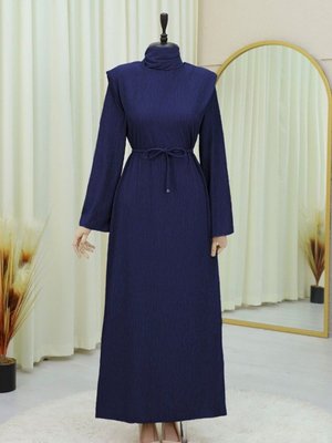 Lacivert Omuzu Vatkalı Bağcıklı Bürümcük Elbise